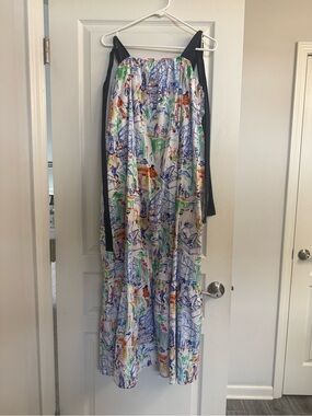 FRNCH White Dress with Multicolor Watercolor Print and Navy Accents